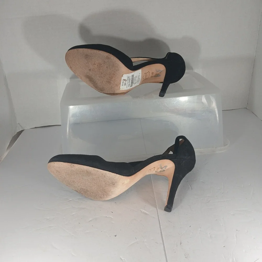 Talbots Luisa T-Strap Pumps 6.5B Black Suede Round Toe High Heels Cutout Leather